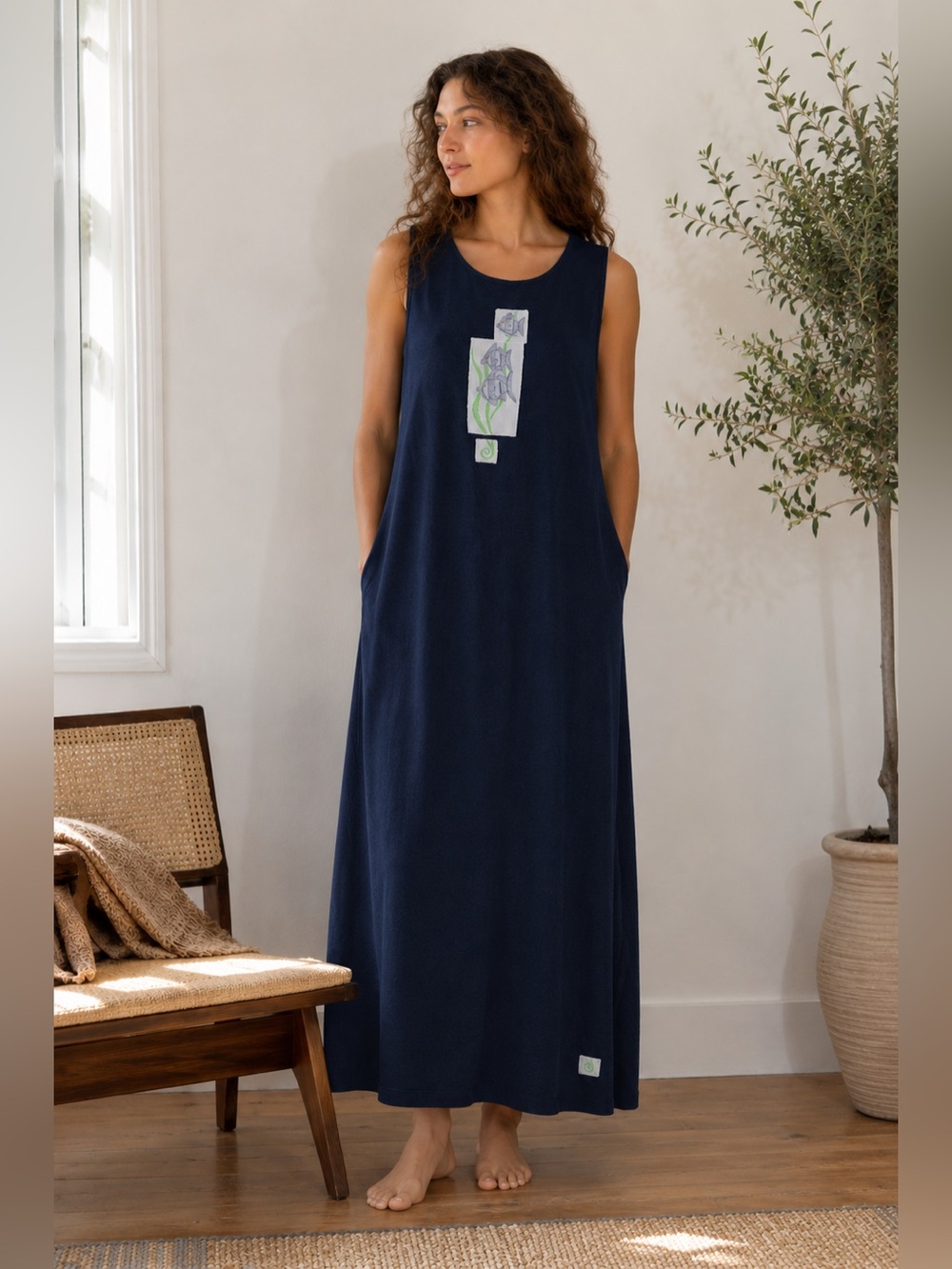 Vintage Fuzzy Mango 100% Cotton Fish Patch Maxi Dress w/ Pockets - Size M